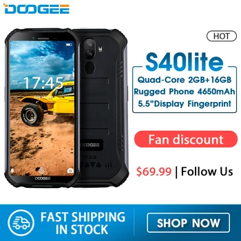 

IP68 DOOGEE S40 Lite Quad Core 2GB 16GB Android 9.0 Rugged Phone Mobile Phone 5.5inch Display 4650mAh 8.0MP Fingerprint