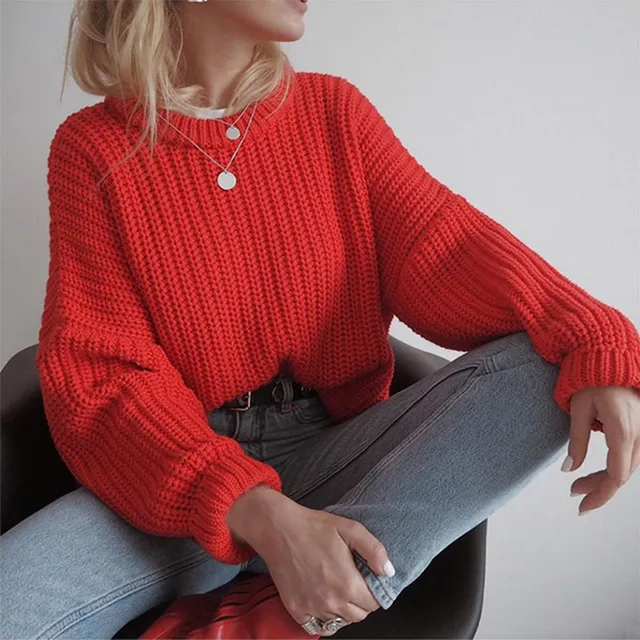 Women Solid Knitted Thickening Oversized Sweater Female Round Neck Long Sleeve Casual Loose Pullovers Top 2021 Autumn Winter Red 2