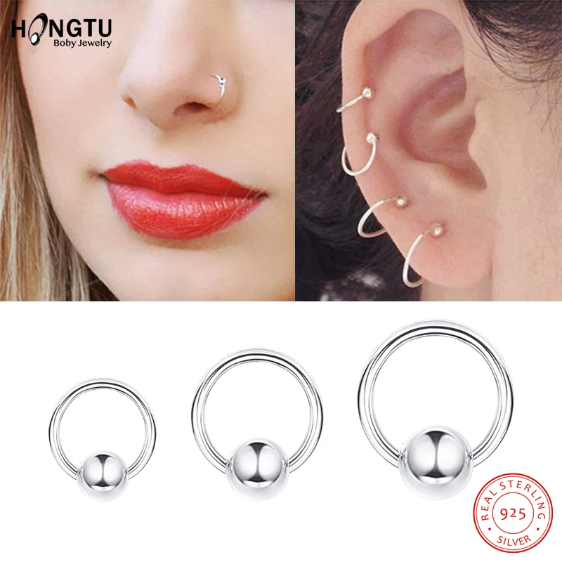 

1PC 100% Real 925 Sterling Silver CBR Nose Piercing Septum Ring Silver Captive Bead Ring Cartilage Tragus Piercing Earrings 20G