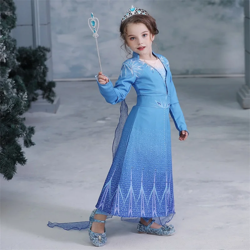 Новое платье для девочек, одежда комплект принцессы Эльзы из 2 предметов, рождественское маскарадное платье Эльзы для дня рождения, небесно-голубое платье принцессы для детей возрастом от 4 до 10 лет