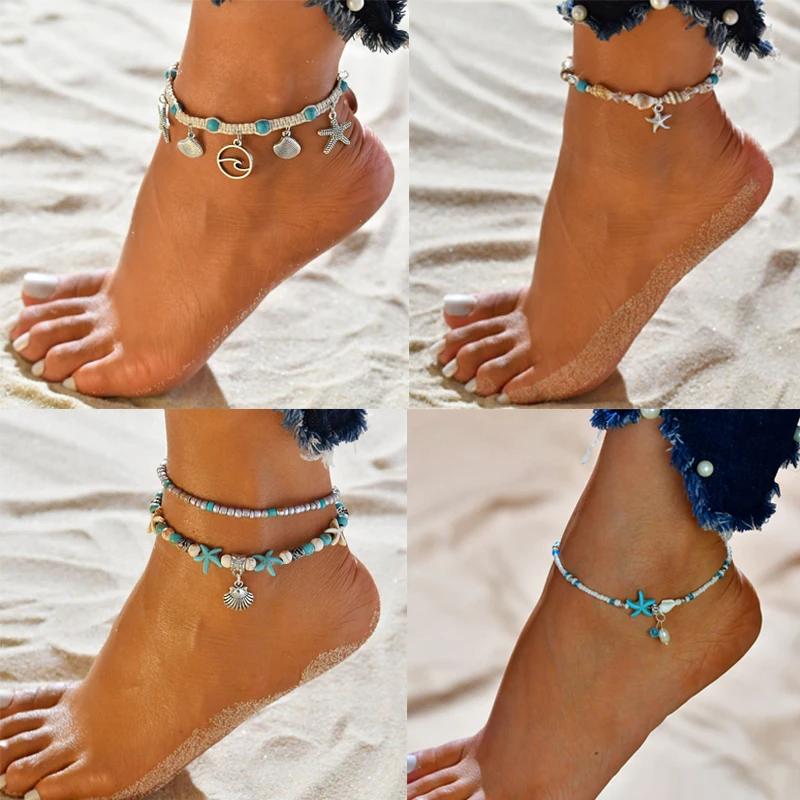 BOHO Infinity Starfish Anklet & Bracelet Imitation Pearl Multilayer Chain Ankle Braclet for Women Summer Beach Blue Jewelry BOHO Infinity Starfish Anklet & Bracelet Imitation Pearl Multilayer Chain Ankle Braclet for Women Summer Beach Blue Jewelry