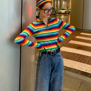 

2019 Autumn Winter Casual Zipper Sweater Women Sweet Sexy Slim Striped Korean Knit Pullovers Bottom Ladies Sweater Pullover