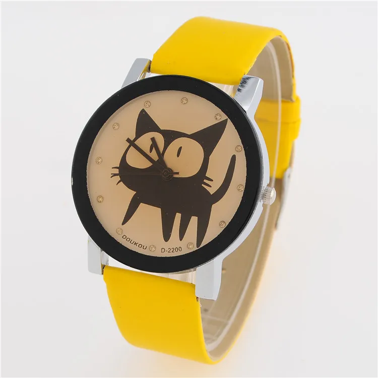 

South Korea Popular New Style Cartoon Cat Ladies' Watch Circle Creative Students Leather Belt Watch Men And Women Couple Watches