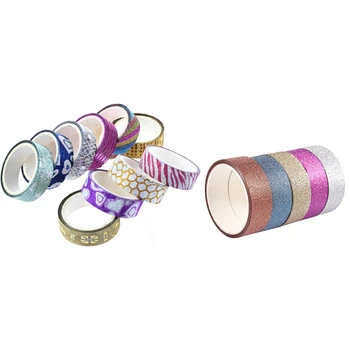 

15Pcs Washi Sticky Paper Masking Adhesive Decorative Tape Gift - 5Pcs Frosted Gold Pink & 10Pcs Glitter Glitter
