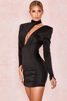 

High Quality Black Long Sleeve Open Fork Bodycon Dress Elegant Club Party Dress