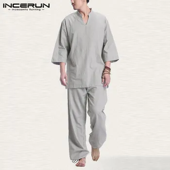 

Loose Solid Color Sets INCERUN Mens Long Sleeve V Neck Loose Pants Suits Man Cotton Comfortable Suits Men Causal Yoga Sets S-5XL