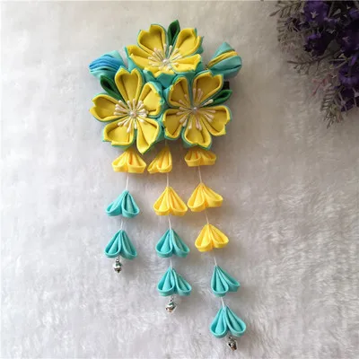 Yellow and blue 1 Дизайн пользовательского цвета японское кимоно Сакура аксессуары для волос свадебное украшение цветок головные уборы шпилька для женщин - Цвет: Yellow and blue 1