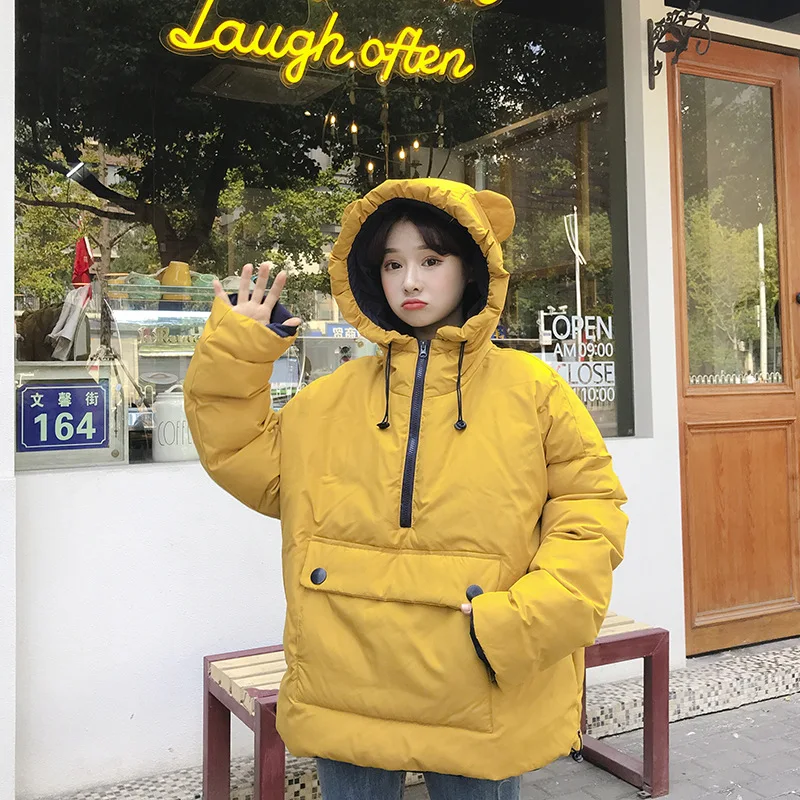 

2018 Winter New Style Korean-style Students Short Contrast Color Large Pocket down Jacket Cotton-padded Clothes Loose-Fit Hooded