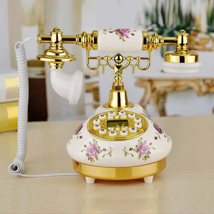 retrô, mesa, telefone, moderno, antigo, dourado, chamada, id, floral, escritório, hotel