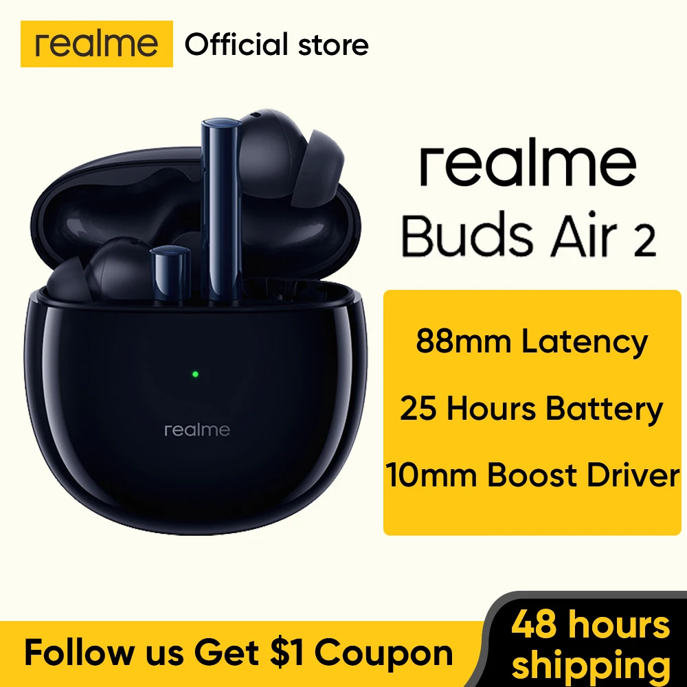 In Stock realme Buds Air 2 ANC Wireless Earphone 88ms Super Low Latency 25h Playback Game Music Sports Bluetooth Headphones | Электроника