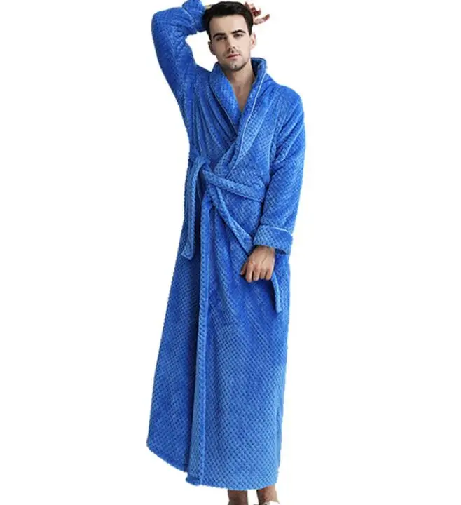 Банный халат-кимоно с длинным рукавом, мужской теплый халат с длинным рукавом, Зимний серый халат, удлиненный фланелевый Халат, Размеры M, L, XL - Цвет: blue
