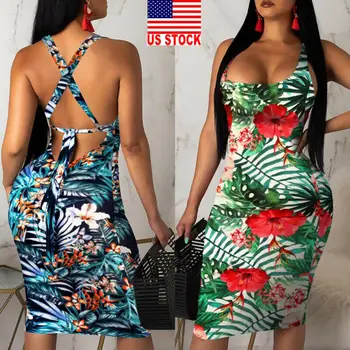 

2019 Fashion Womens Ladies Sleeveless Summer Boho Printed Beach Casual Loose Sundress Tight Sexy Sling Hawaiian Dress