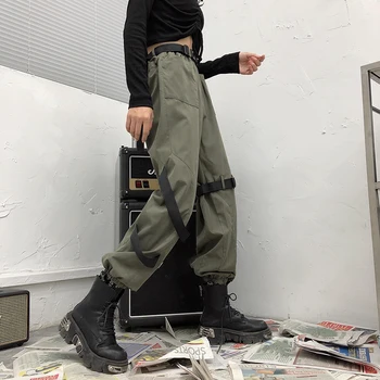 

Summer Korean Women Solid Cargo Plants Female Casual Pockets Empire Loose Trousers High Street Mujer High Waist Pantalones