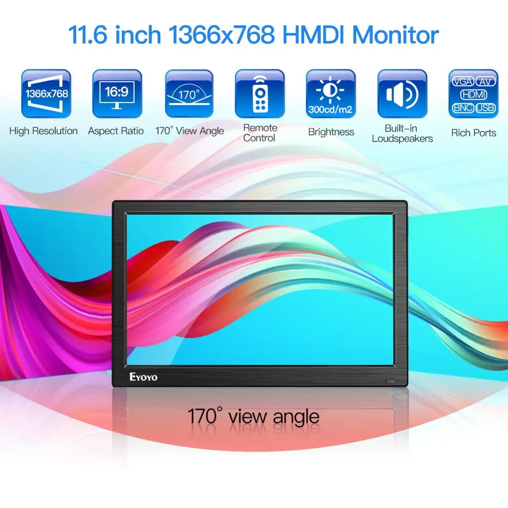 

Eyoyo EM12D 12" IPS PC TV Monitor LCD Screen HD 1366x768 with HDMI BNC VGA AV USB For Computer Raspberry CCTV Security Display