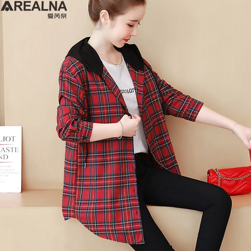 Blusas mujer de moda Осенние повседневные клетчатые женские блузки корейские студенческие рубашки с капюшоном и длинными рукавами Большие размеры женские топы