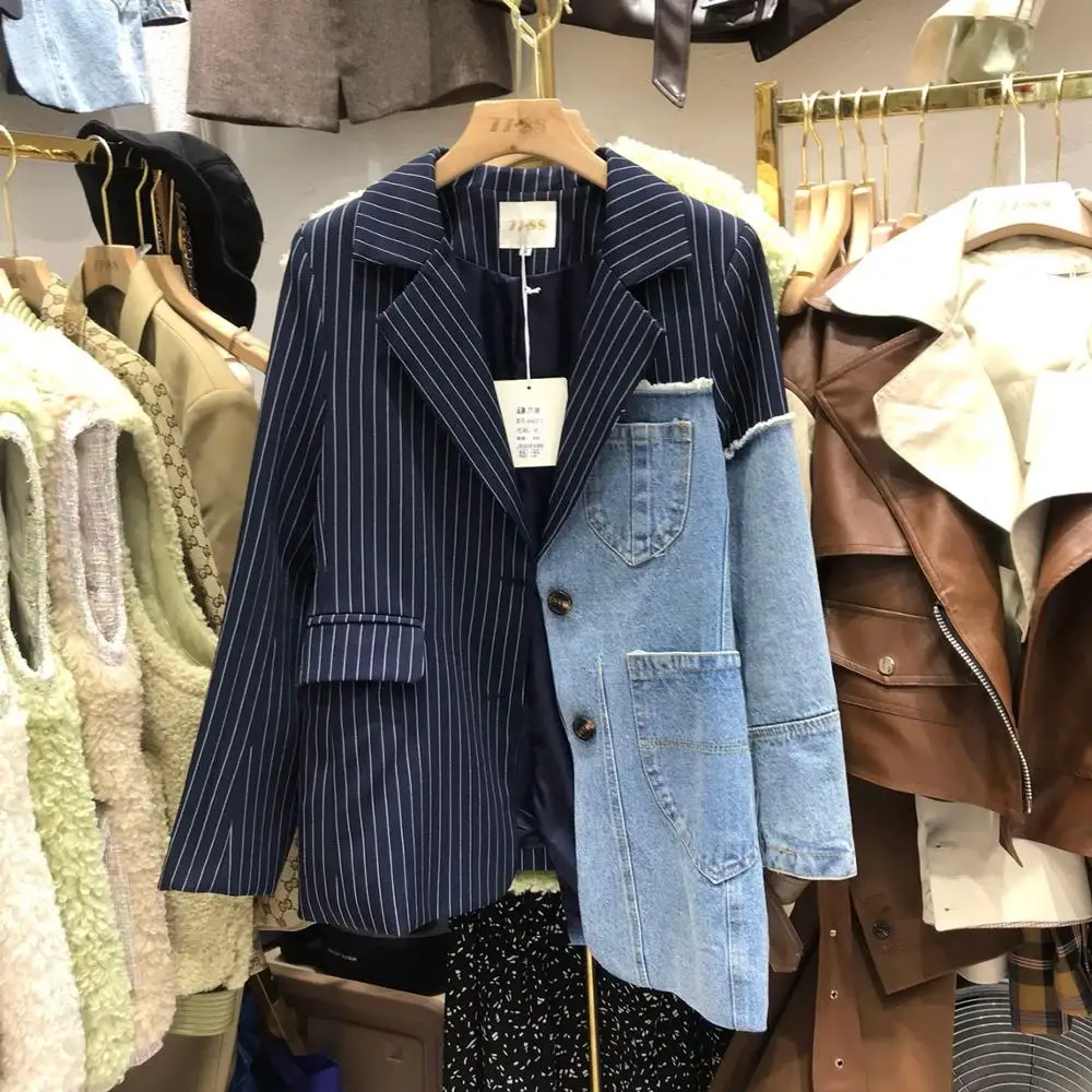 Новая мода, весеннее Женское пальто, джинсовое, сшитое, однобортное, нестандартный Блейзер, костюм, пальто, модная джинсовая куртка