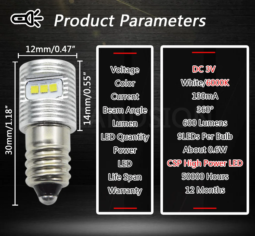 DC3V AC/DC 4,5 V 6-24V E10 светодиодный фонарь для замены лампы CSP 1616 чипов светодиодный фонарь для работы Maglite свет лампы 600LM белый - Испускаемый цвет: DC3V