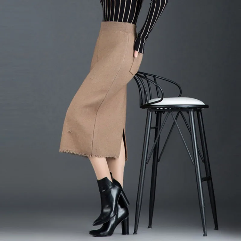

High Quality Tassel Split Wool Knit Skirt Woman 2020 Elastic Slim Wrap Hip Mid Pencil Skirt For Women Autumn Winter Bottoms
