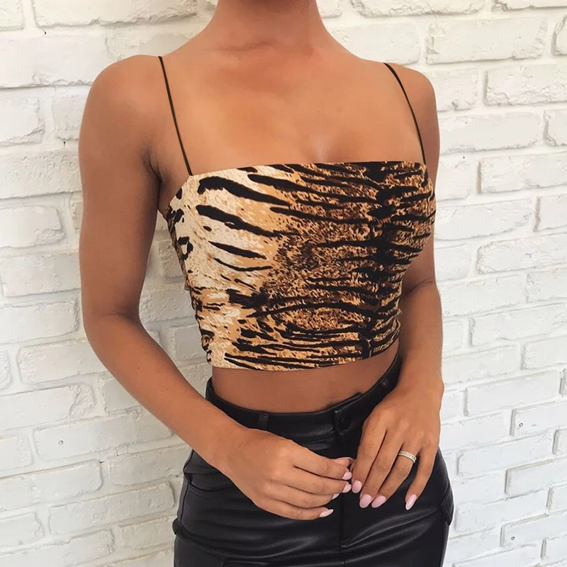 Tiger Printed Camis InstaHot/леопардовая Сексуальная комбинация на бретельках с принтом тигра, укороченный топ без рукавов, Повседневные Вечерние Клубные уличные летние футболки - Цвет: Tiger Printed Camis