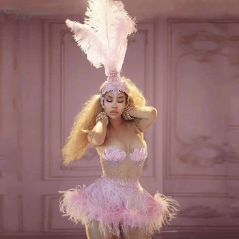 

Ailigou 2020 Shiny Rhinestone Pink Feather Dress Birthday Celebration Dress Nightclub Party Singer Costume Performance Costume