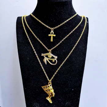 

Layered Necklace Women Egypt Eye Of Horus Queen Pharaoh Ankh Cross Pendant Amulet Necklaces African Multilayer Egyption Jewelry