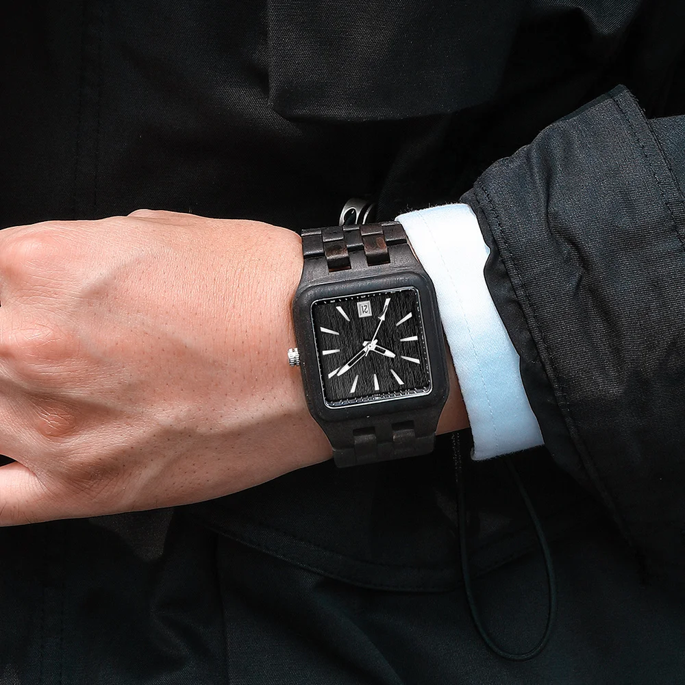 Wooden Quartz Movement Men's Watch Wooden Strap with Automatic Date Square Dial Business Gifts for Men Simple Style Fashion 2021