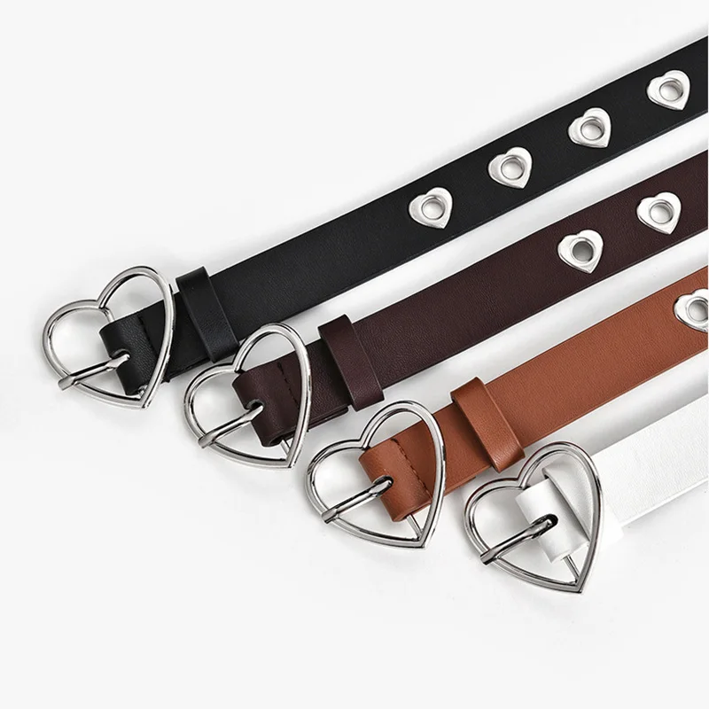 Women Belt Fashion Leather Punk Belt with Adjustable Love Heart Holes Luxury Designer Buckle Belt for Dress Jeans Cool Boy Girl