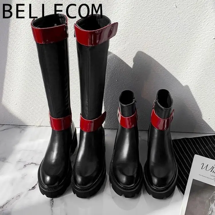 

BELLECOM Winter Really Riding platform Boots Full Cowhide Keep Warm High Boots women ladies shoes botas sapato feminino shoe