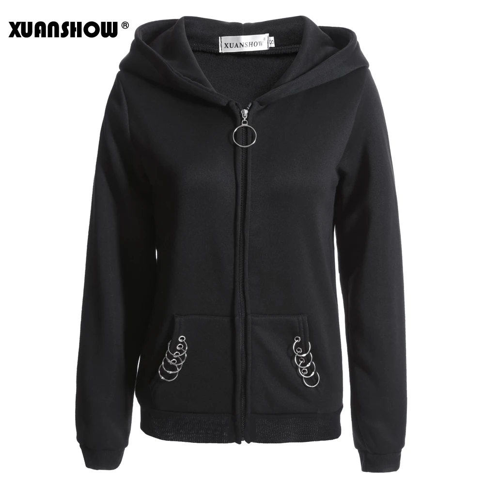 Cena XUANSHOW 2019 kobiety bluzy z kapturem Gothic Punk żelazny pierścień bluzy z kapturem jesień zima z długim rękawem Zip up czarna kurtka na zamek błyskawiczny panie płaszcz