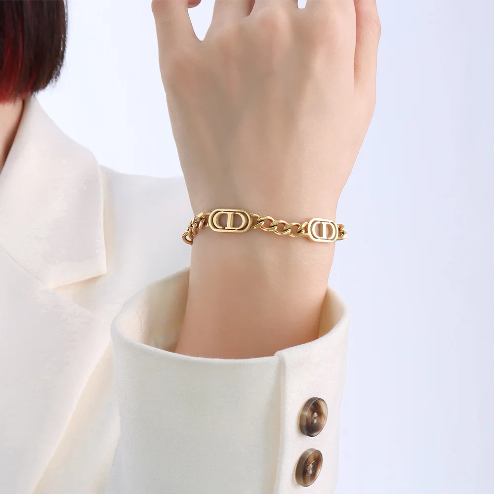 YAONUAN Hiphop Titanium Steel Gold Plated Bracelet For Women Double D Thick Line Design Chain Bracelet 2021 Trendy Party Jewelry