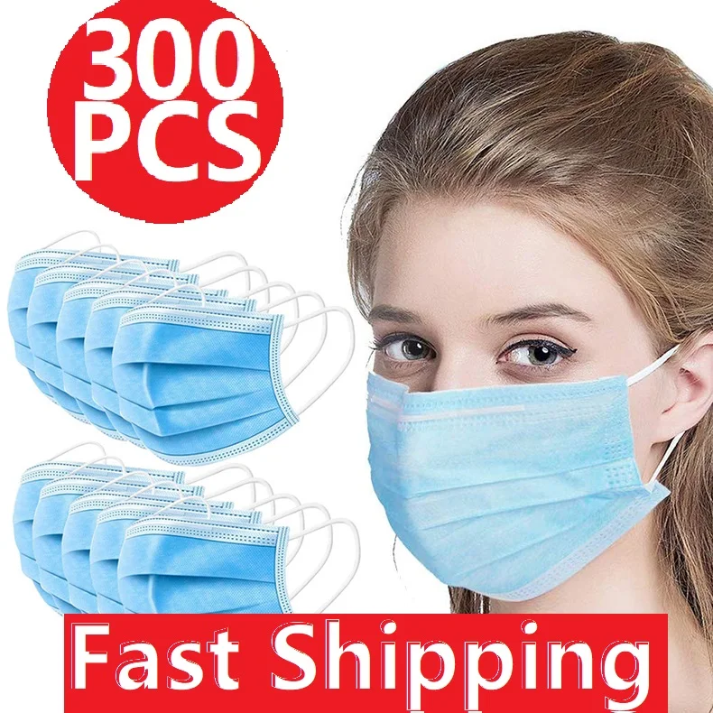 

300pcs Disposable Face Mask 3-Ply Protective Non-woven Disposable Elastic Mouth Soft Breathable Hygiene Safety Face Mask