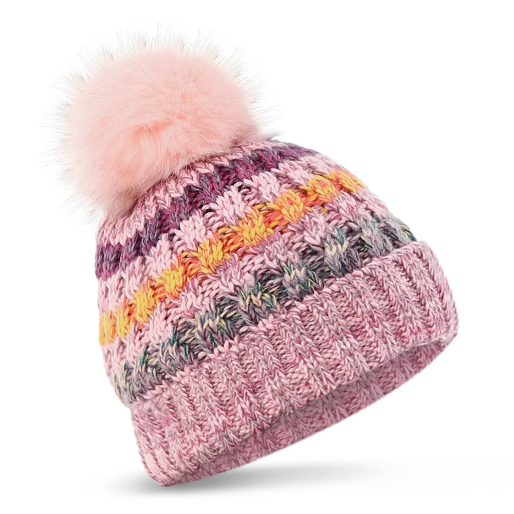 Женская зимняя шапка, теплая ветрозащитная шапка, ребристая вязаная шапка с толстой подкладкой, шапки-бини - Цвет: Розовый