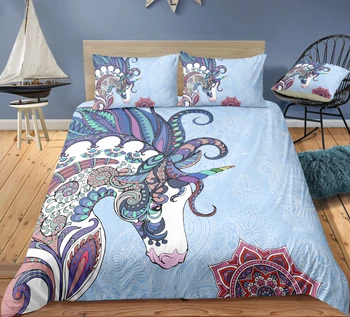 

KTLRR Unicorn Duvet Cover Sets,Rainbow Unicorn Bohemia with Mandala Paisley Background Bedding Sets,100% Microfibe