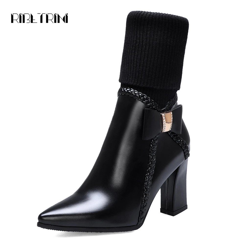 

RIBETRINI New Arrivals Plus Size 32-47 Pointed Toe Hot Shoes Woman Boots Female Bowtie Chunky High Heels Ankle Boots Women Shoes
