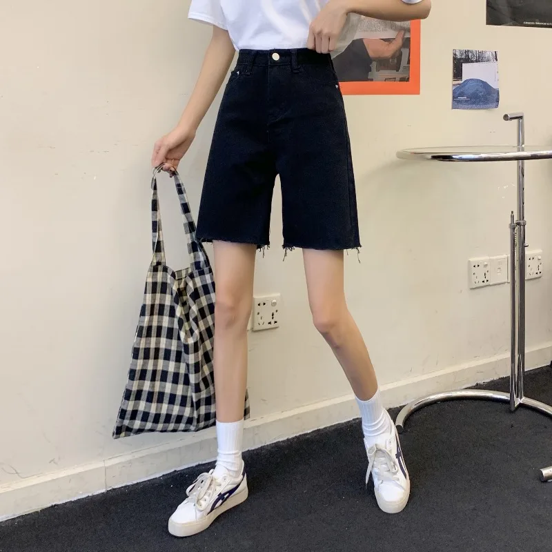 High Waist Denim Shorts Women Half Long Summer Plus Size Pocket Streetwear Ripped jeans Short Female Femme Short Pants Women