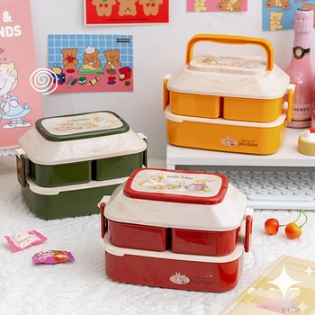 W G Kawaii Lunch Box Double Student Bento Box Microwave Boxes Food Storage With Independent Box