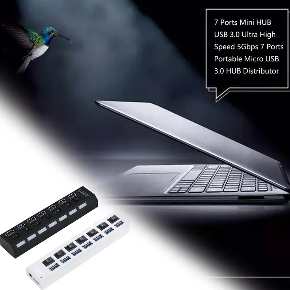 Мини usb-хаб 3,0 Супер скорость 5 Гбит/с 7 портов Портативный Micro USB 3,0 концентратор разветвитель с внешним адаптером питания для ПК Аксессуары