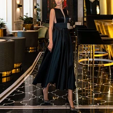 

Simple Black Satin Tea Length Evening Gown Mono Cap Sleeves Prom Dresses For Woman V Neck Backless Robe De Soriee Femme 2022