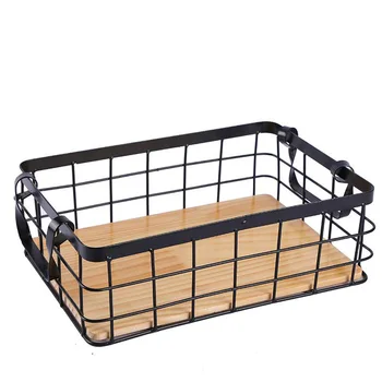 

Dual Ear Rectangular Kitchen Storage Iron Basket Wood Bottom Fruit Basket