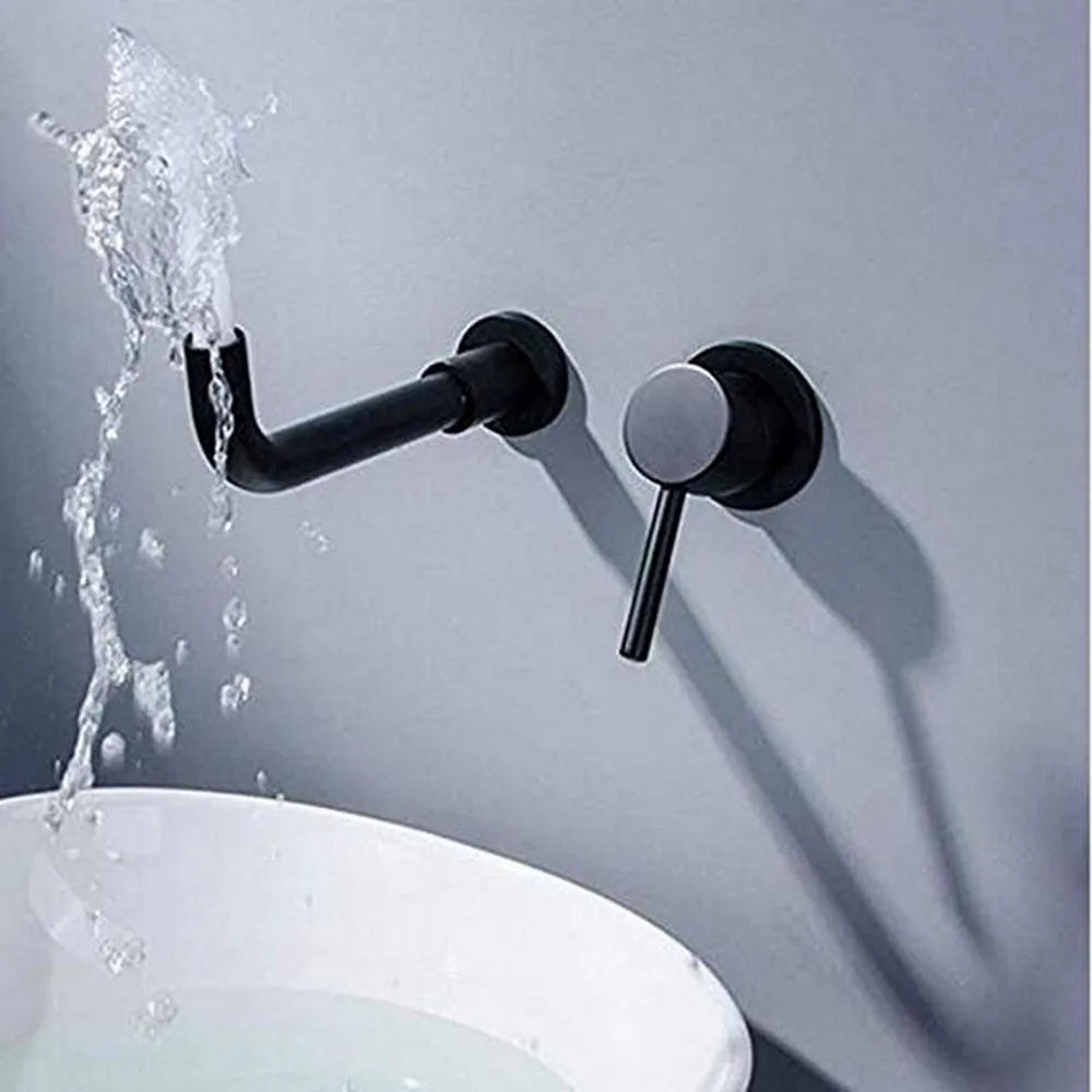 Современный настенный смеситель кран для ванной комнаты поворотный кран для раковины настенный носик для ванной черное покрытие смеситель для раковины горячий и холодный кран
