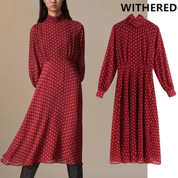 

Withered spring england office lady elegant vintage printing midi dress women vestidos de fiesta de noche vestidos party dress