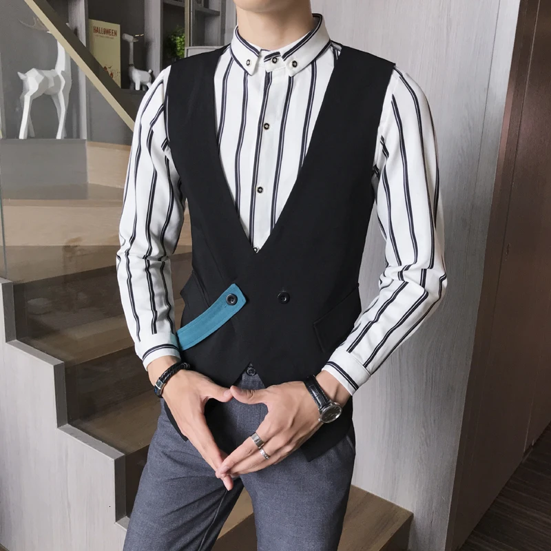 

Autumn Solid Vest Men Plus Size Personality Tide Male Straps Short Fund Vest Loose Coat Nightclub Bar Hairstyle Division Vest
