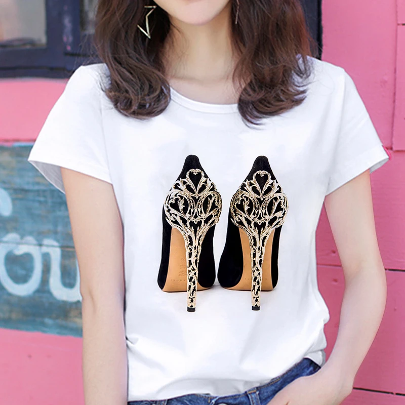 

Hot Sale New Street Style T-shirt Women Casual Short Sleeve O-neck T shirt Harajuku High-heeled Print Graphic Tshirt Tops Female