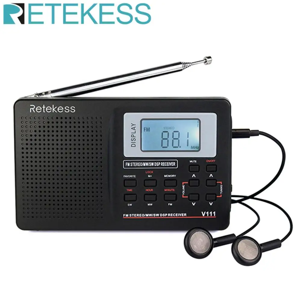 RETEKESS V111 полный диапазон радио FM стерео/MW/SW DSP приемник международных полос с таймер отключения часы Портативный радио черный F9201