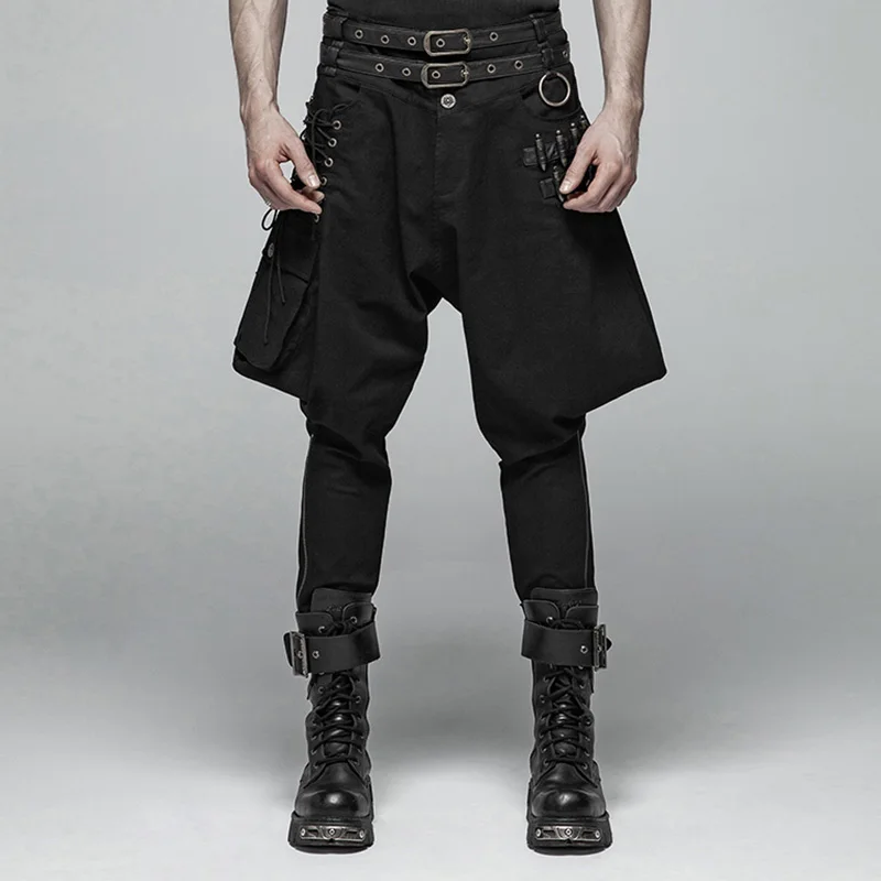 Мужские бриджи в стиле панк, стимпанк, из искусственной кожи, с эффектом потертости, для сцены, длинные брюки