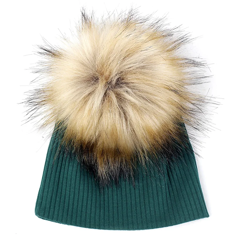 Geebro/однотонная шапка для девочки и мальчика, хлопковая шапка в рубчик, детская шапка с черепом, милая мягкая шапка с искусственным помпоном - Цвет: green 16