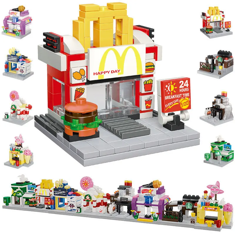 

8pcs/lot Mini City Street View Hamburger Cafe Convenience store Model Building Blocks Architecture Bricks Toys For Children Gift