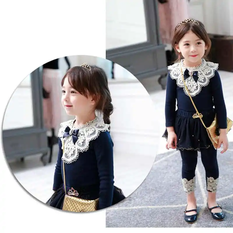 Baby Girls Blouses Children Cotton Lace Clothes Teenage School Girl Basic Tops Cute Bow Navy Blue Sweatshirts 2 4 6 8 11Yrs