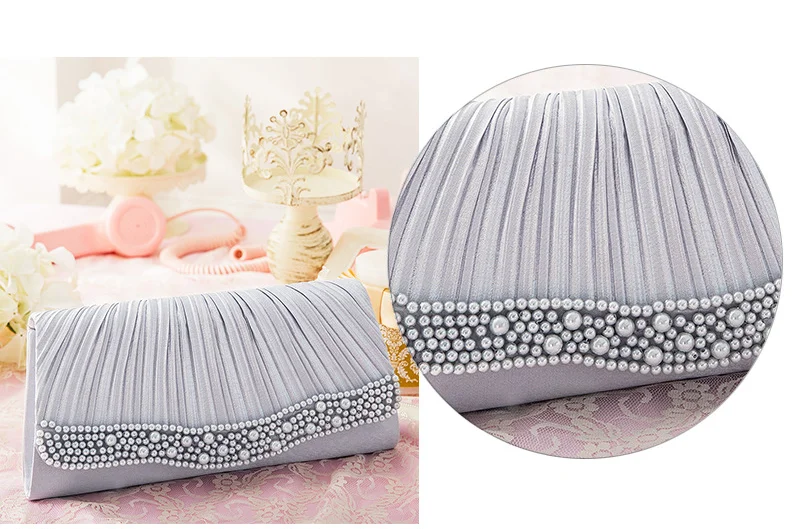 silver grey Однотонный полиэстеровый клатч с жемчужным украшением свадебная сумочка для невесты элегантные модные вечерние Дизайнерские Сумочки с подвесной цепочкой - Цвет: silver grey