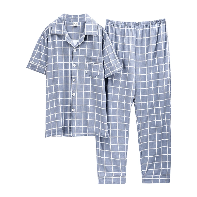 

2020 Turn Down Collar New Plaid Printing Casual Style Chinese Pajamas Fashion Style Short Sleeve Long Pants Homesuit Homeclothes